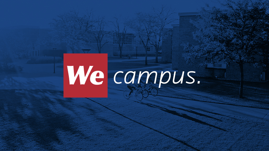 Button image with blue overlay and background of campus scene of students riding bicycles.